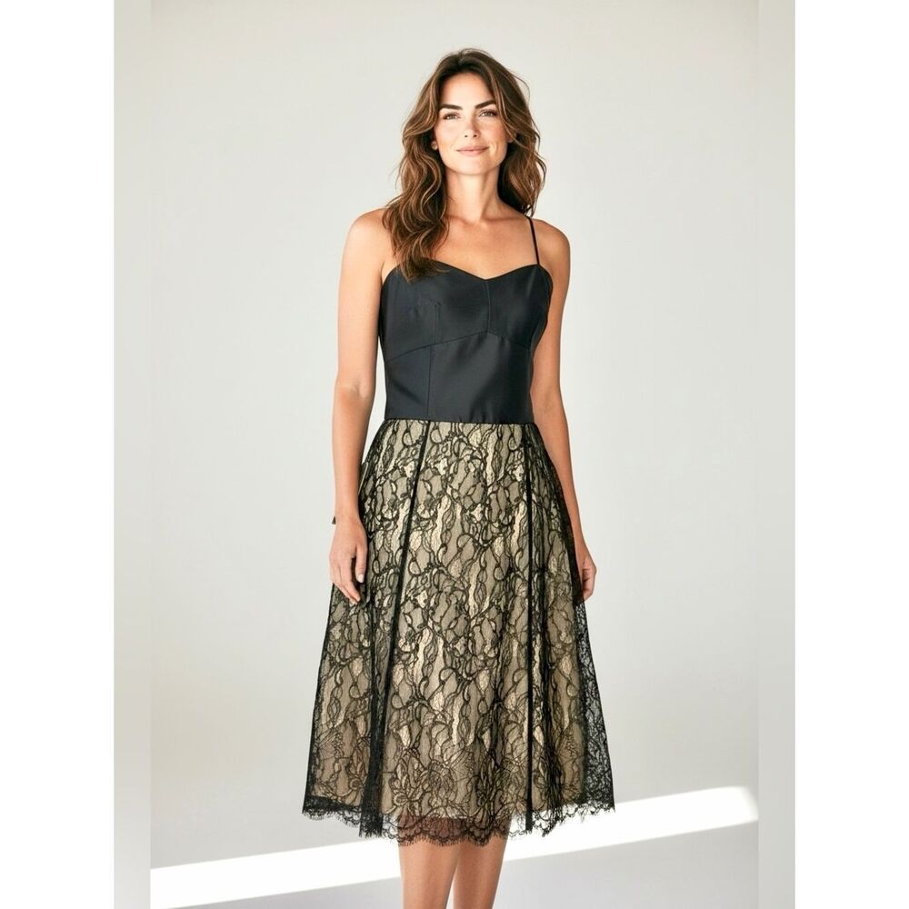 Ann Taylor Silk Lace Dress Black Nude Fit & Flare Spaghetti Strap Cocktail 8 NWT